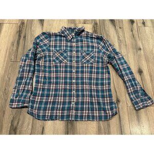 L.L. Bean Womens Medium Plaid Flannel Button-Up Shirt Teal/Purple Cotton Long Sl
